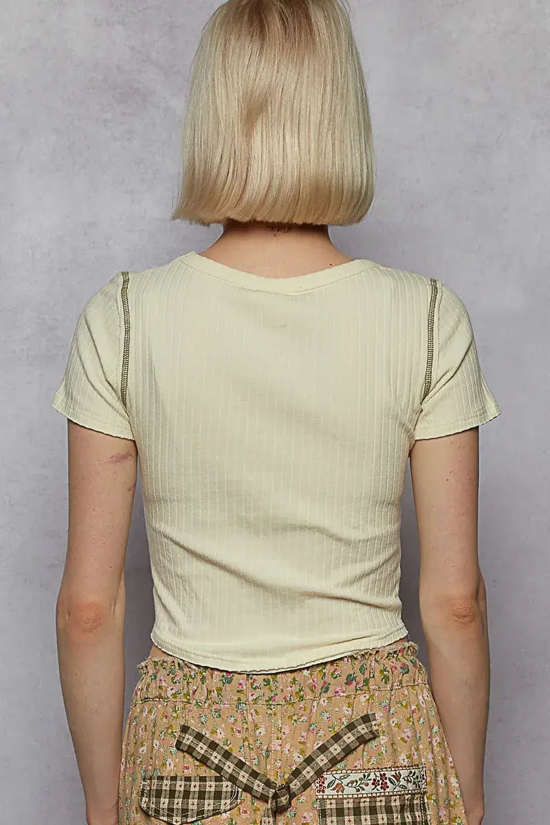 POL Contrast Stitching Round Neck Crop T-Shirt - Trendsi - Flyclothing LLC