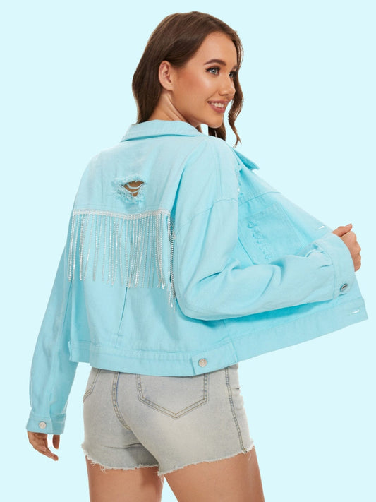 Distressed Distressed Button Up Denim Jacket - Trendsi
