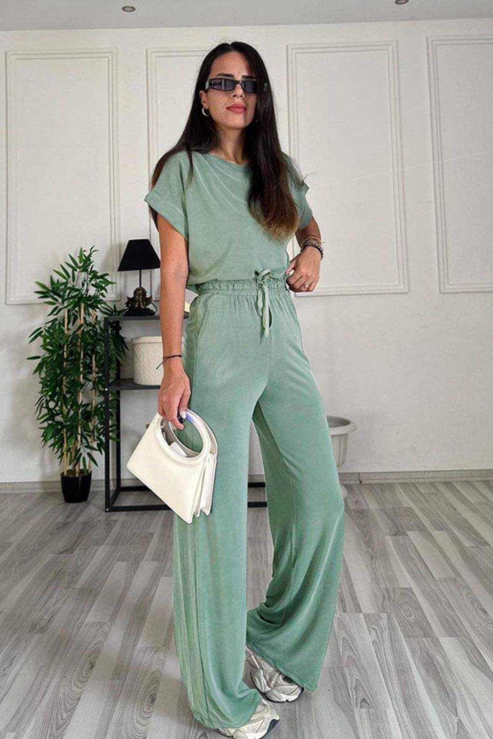 Round Neck Short Sleeve Top and Drawstring Pants Set - Trendsi - Flyclothing LLC