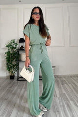 Round Neck Short Sleeve Top and Drawstring Pants Set - Trendsi - Flyclothing LLC