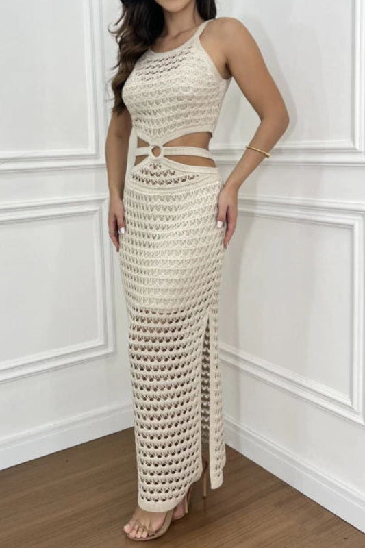 Cutout Slit Round Neck Sweater Dress - Trendsi