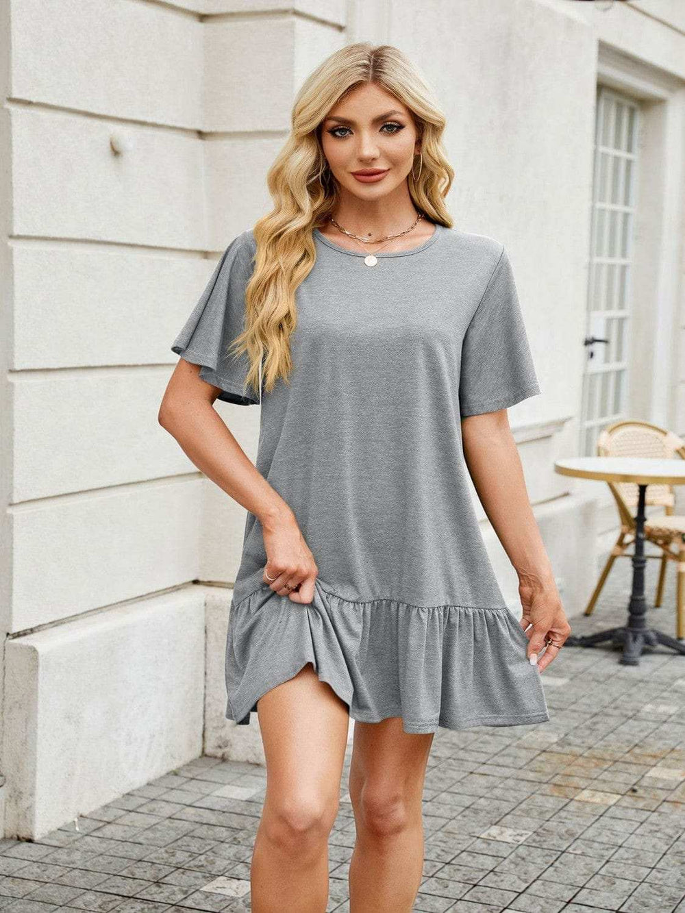 Round Neck Short Sleeve Mini Dress - Trendsi - Flyclothing LLC