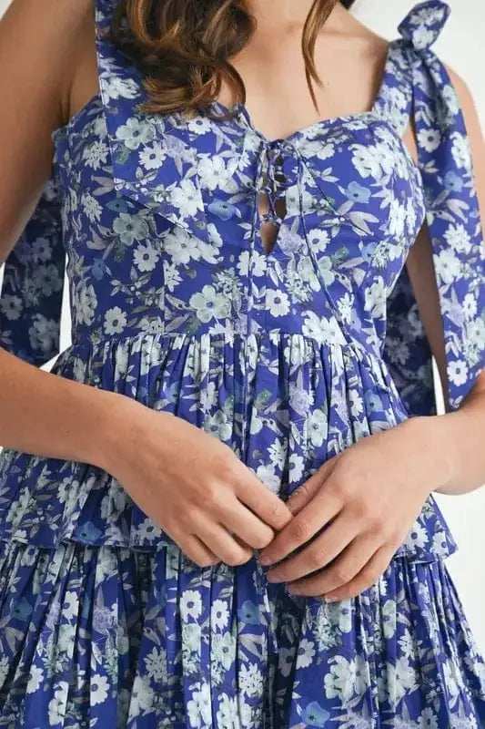 MABLE Floral Print Shoulder Tie Layered Mini Dress - Trendsi - Flyclothing LLC