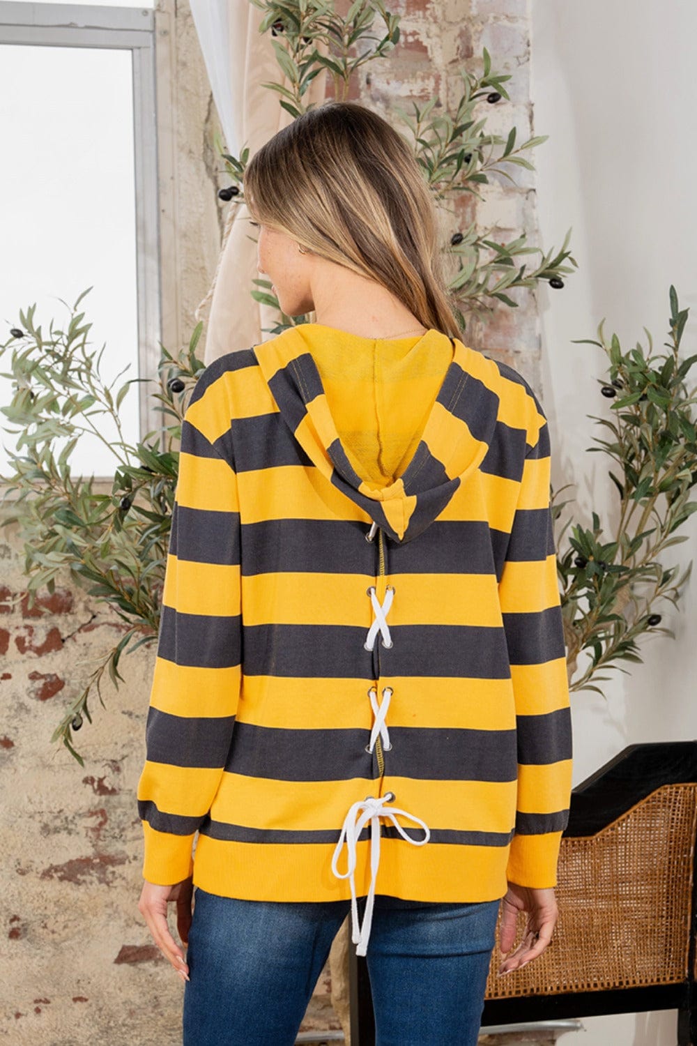 Full Size Drawstring Striped Long Sleeve Hoodie - Trendsi