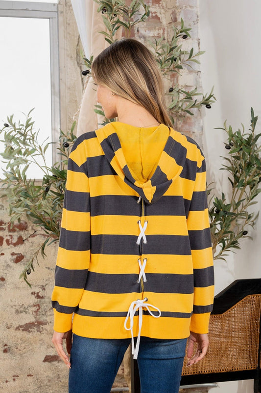 Full Size Drawstring Striped Long Sleeve Hoodie - Trendsi