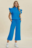 Double Take Full Size Texture Ruffle Short Sleeve Top and Wide Leg Pants Set - Trendsi - Flyclothing LLC