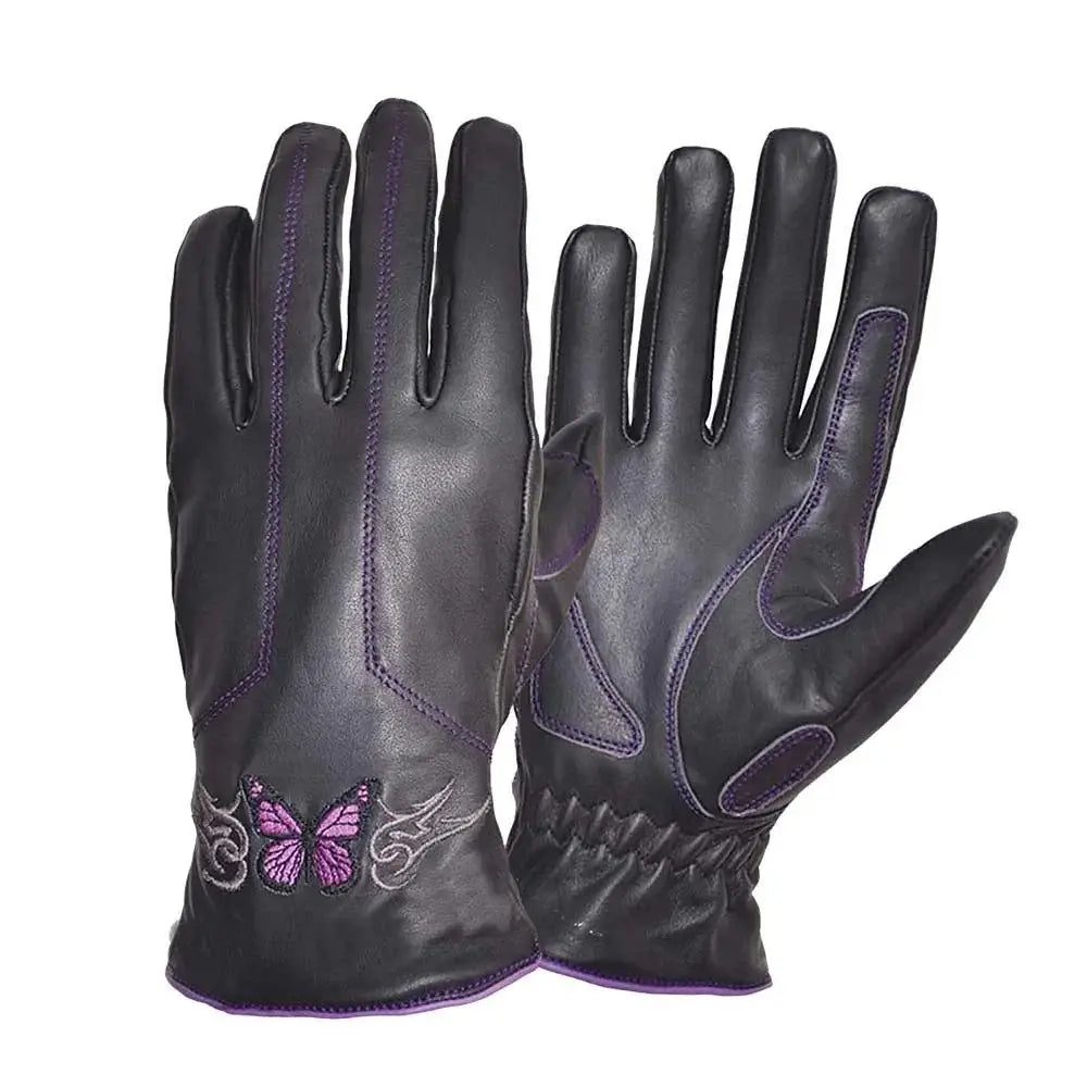 Ladies Full Finger Gloves with Purple Butterfly Design - Unik Just for Bikers - Flyclothing LLC