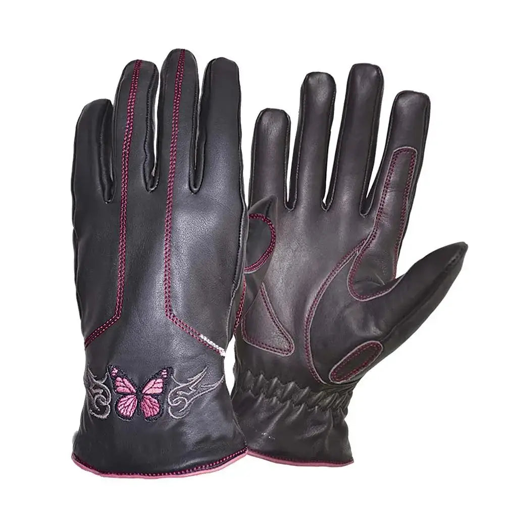 Ladies Full Finger Gloves with Pink Butterfly Design - Unik Just for Bikers - Flyclothing LLC