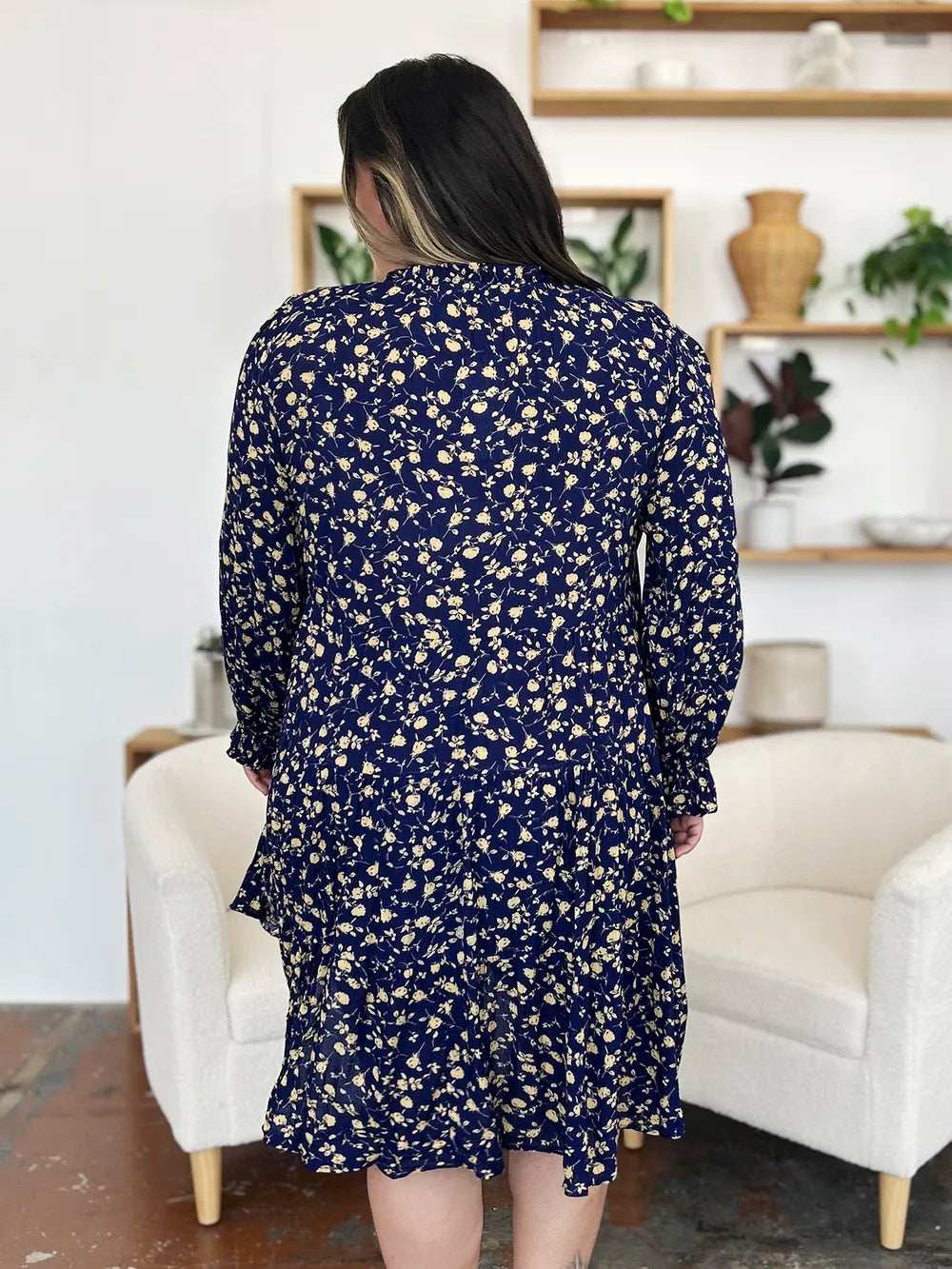 Double Take Full Size Printed Ruffle Hem Long Sleeve Tiered Dress - Trendsi - Flyclothing LLC