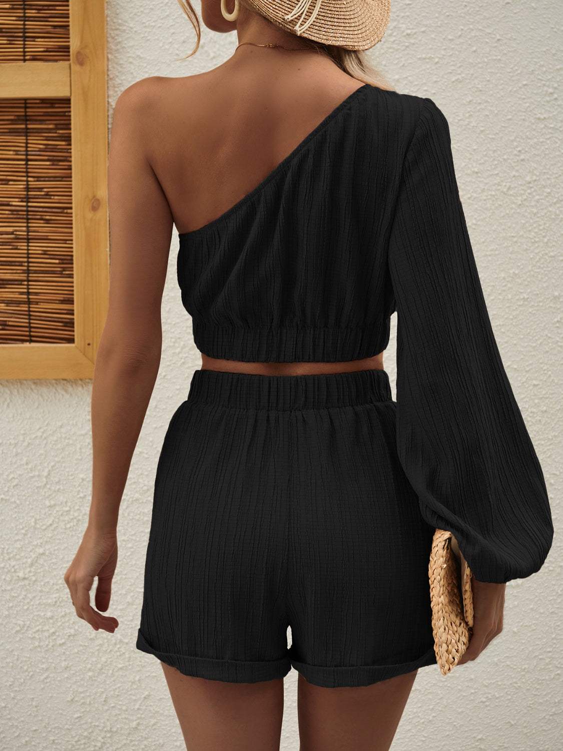 One Shoulder Long Sleeve Top and Shorts Set - Trendsi - Flyclothing LLC
