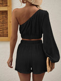 One Shoulder Long Sleeve Top and Shorts Set - Trendsi - Flyclothing LLC