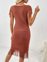 Fringe Openwork Boat Neck Knit Dress - Trendsi - Flyclothing LLC