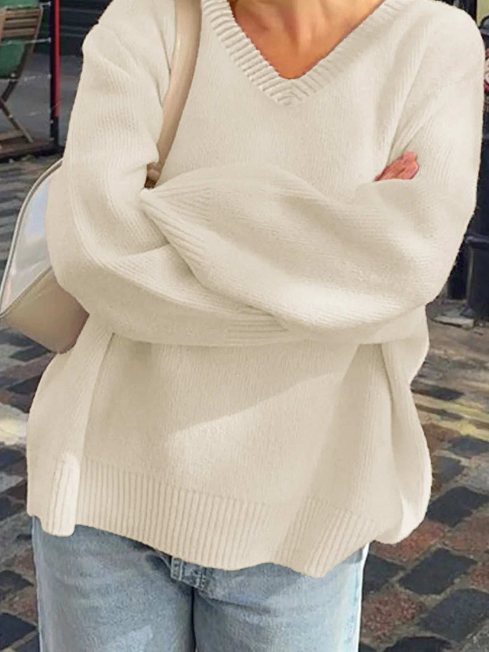 V-Neck Long Sleeve Sweater - Trendsi - Flyclothing LLC
