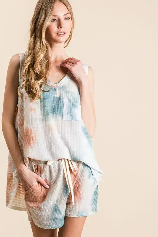 BiBi Tie Dye Textured Knit Top and Shorts Set - Trendsi - Flyclothing LLC