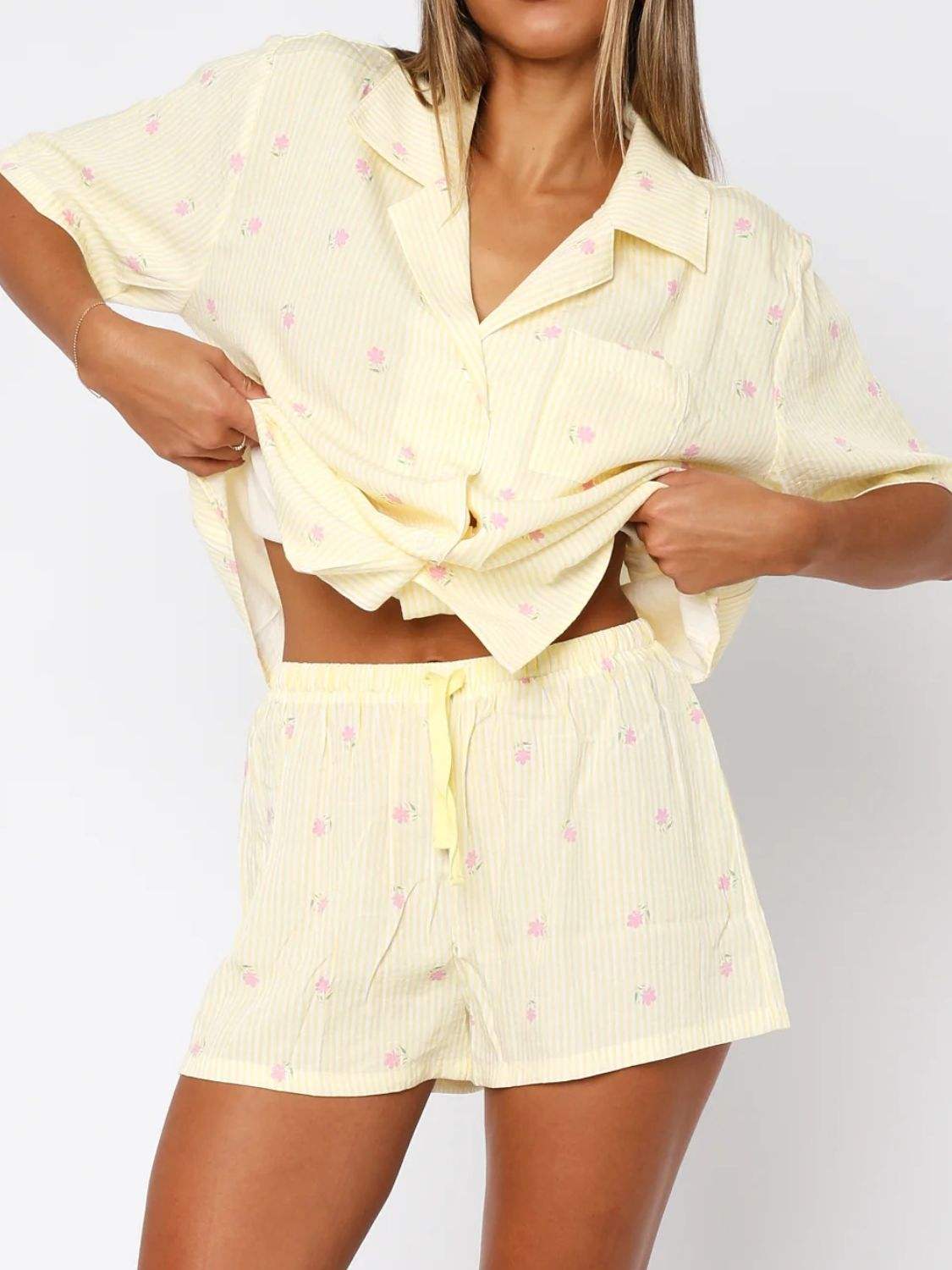 Valentine's Day Printed Collared Neck Short Sleeve Top and Shorts Set - Trendsi - Flyclothing LLC