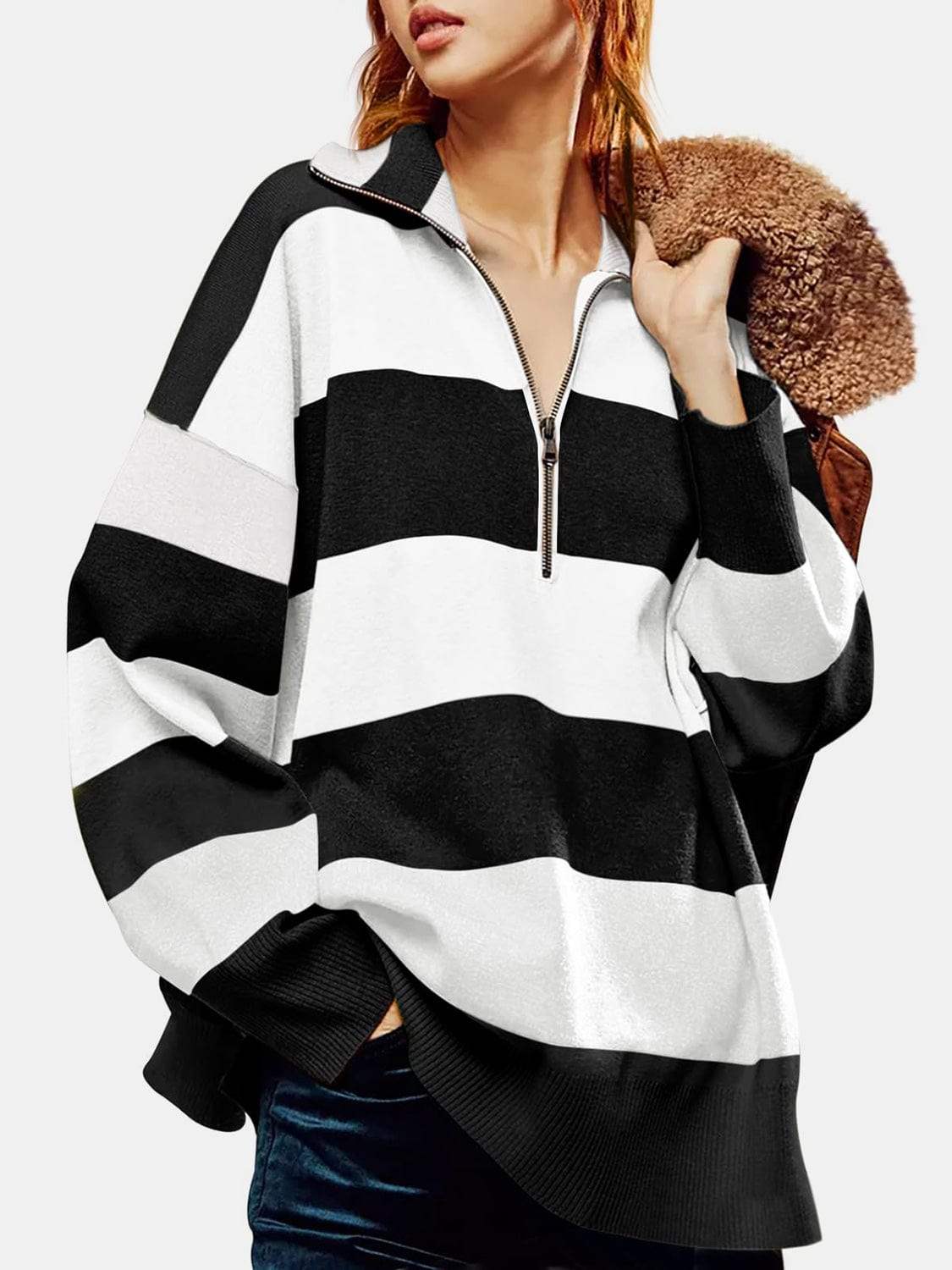Color Block Half Zip Long Sleeve Sweater - Trendsi - Flyclothing LLC