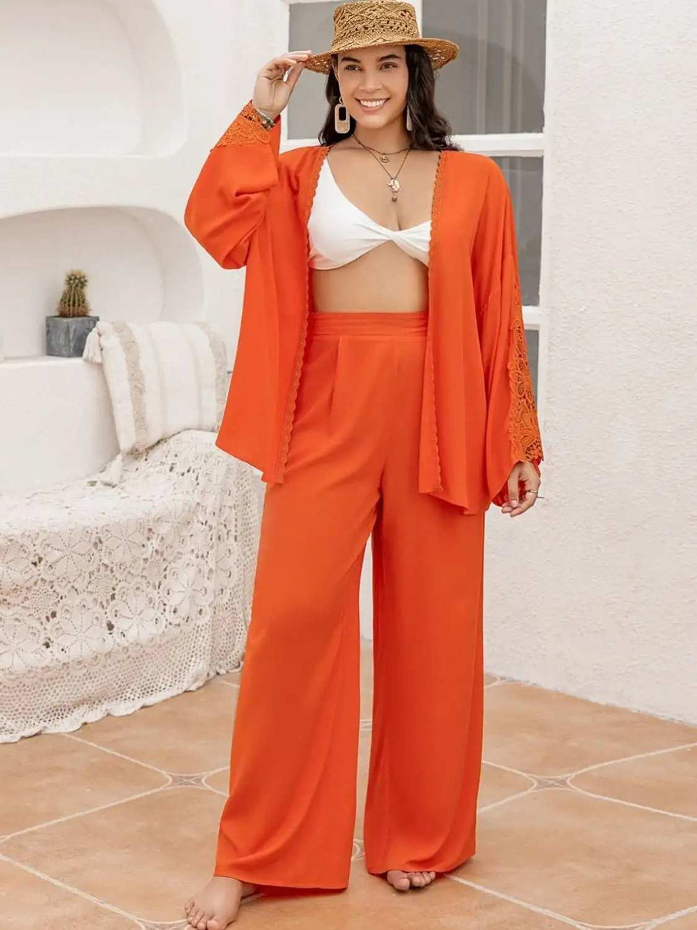Plus Size Lace Detail Long Sleeve Top and Pants Set - Trendsi - Flyclothing LLC