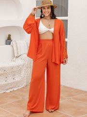 Plus Size Lace Detail Long Sleeve Top and Pants Set - Trendsi