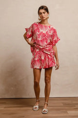 BiBi Print Woven Ruffled Sleeves Top - Trendsi - Flyclothing LLC