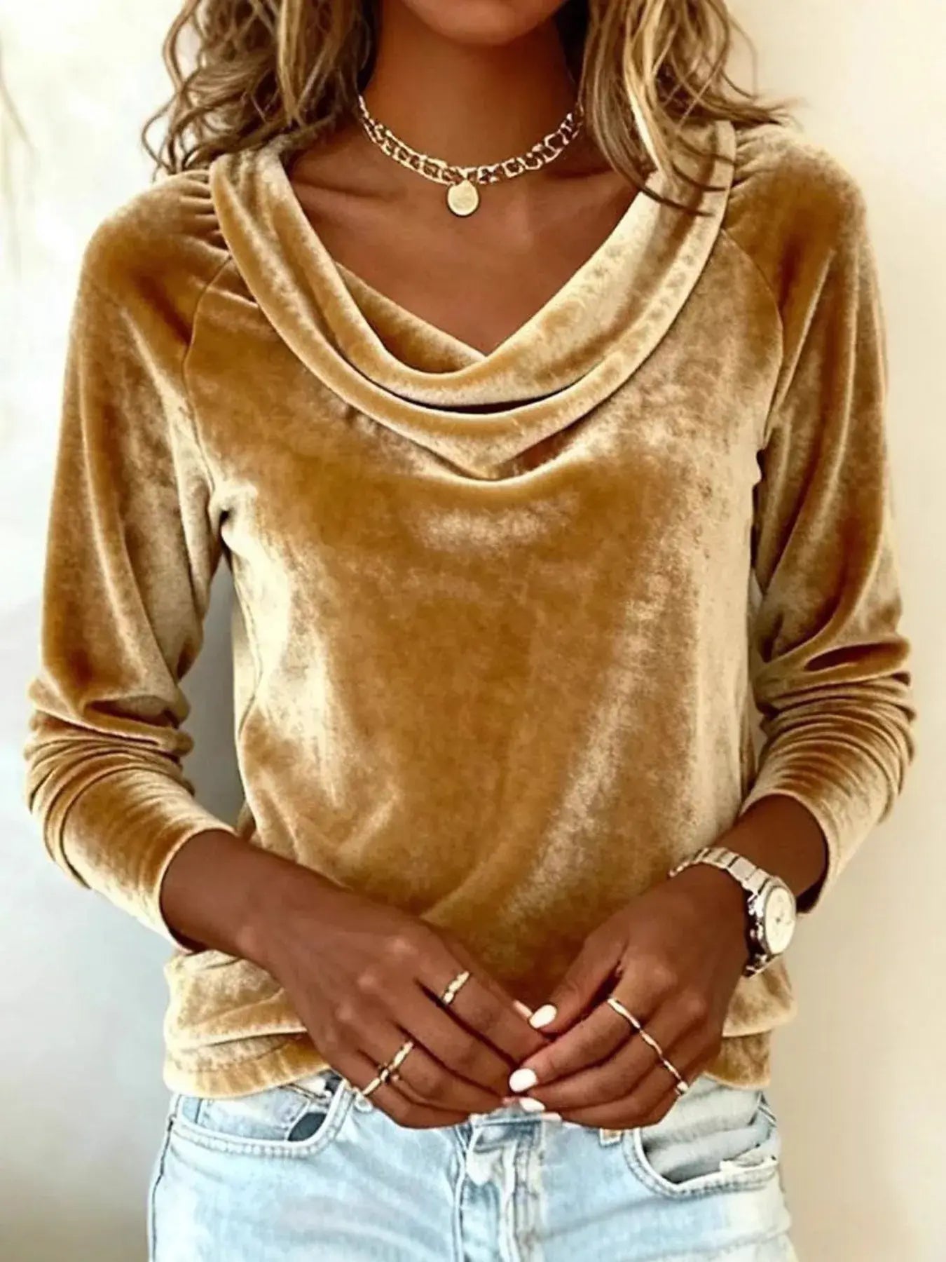 Velvet Cowl Neck Long Sleeve Top - Trendsi - Flyclothing LLC
