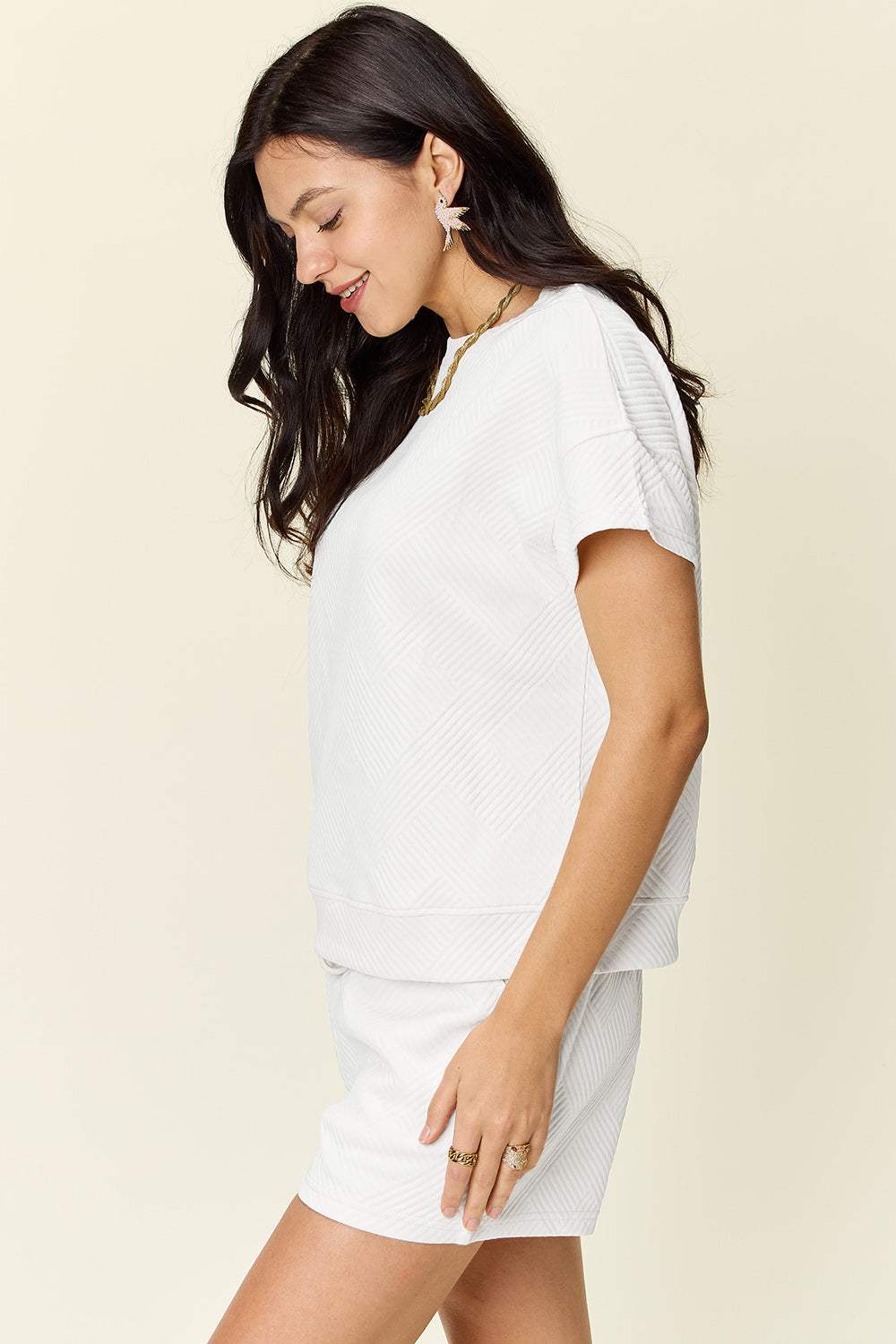 Double Take Full Size Texture Short Sleeve T-Shirt and Drawstring Shorts Set - Trendsi - Flyclothing LLC