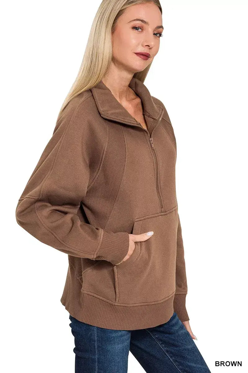 Zenana Half Zip Fleece Sweatshirt with kangaroo Pocket - Trendsi - Flyclothing LLC