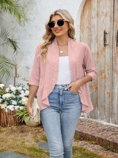 Eyelet Open Front Three-Quarter Sleeve Top - Trendsi - Flyclothing LLC