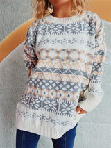 Geometric Round Neck Dropped Shoulder Sweater - Trendsi - Flyclothing LLC