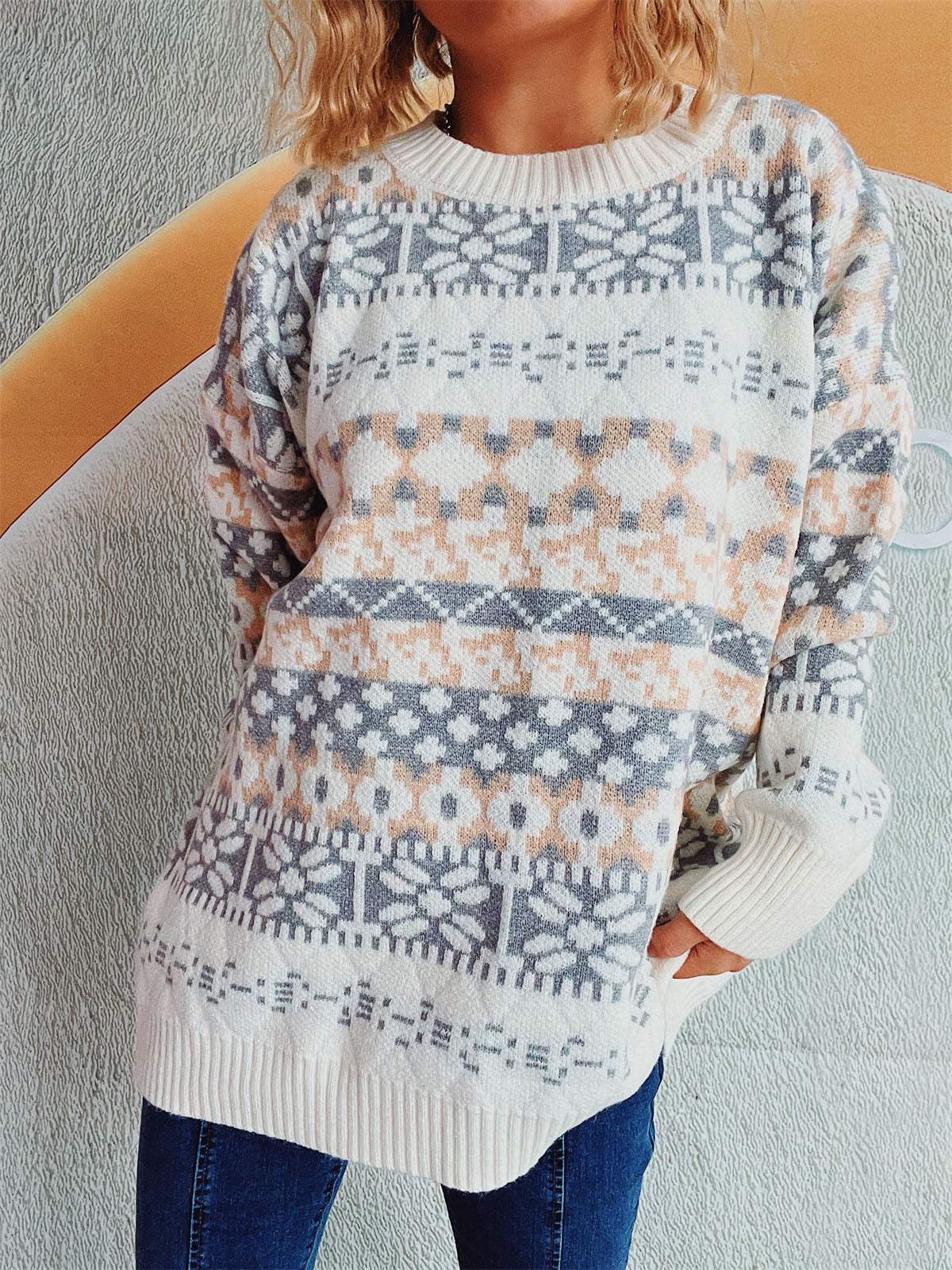 Geometric Round Neck Dropped Shoulder Sweater - Trendsi - Flyclothing LLC