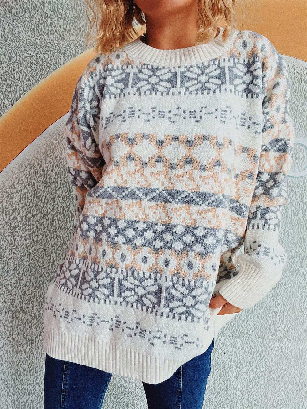Geometric Round Neck Dropped Shoulder Sweater - Trendsi - Flyclothing LLC