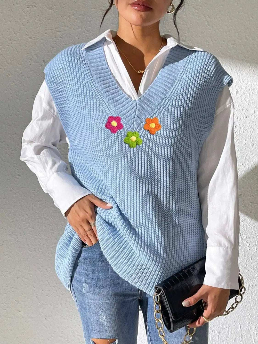 Flower V-Neck Sweater Vest - Trendsi - Flyclothing LLC