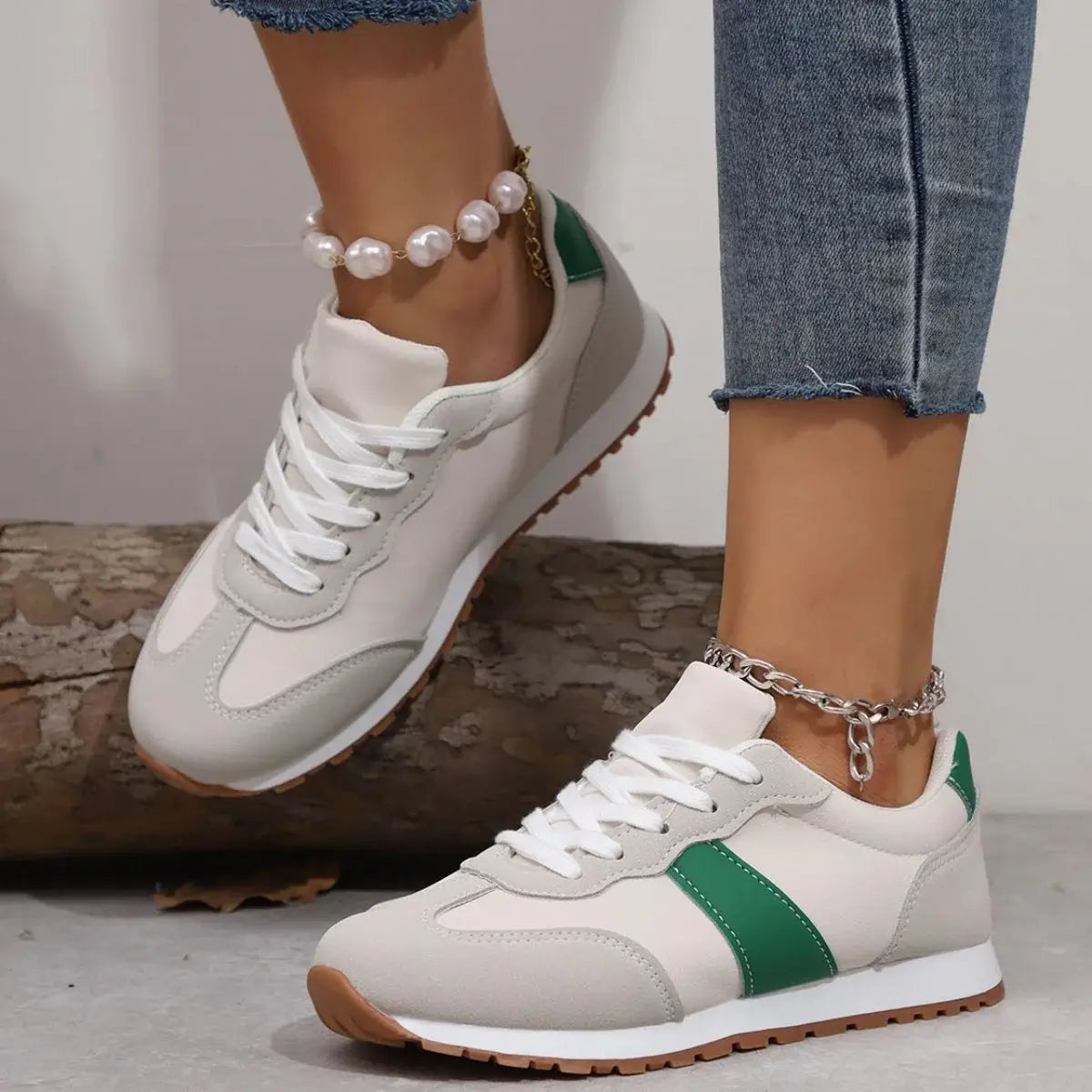 PU Leather Contrast Round Toe Flats Sneakers - Trendsi - Flyclothing LLC