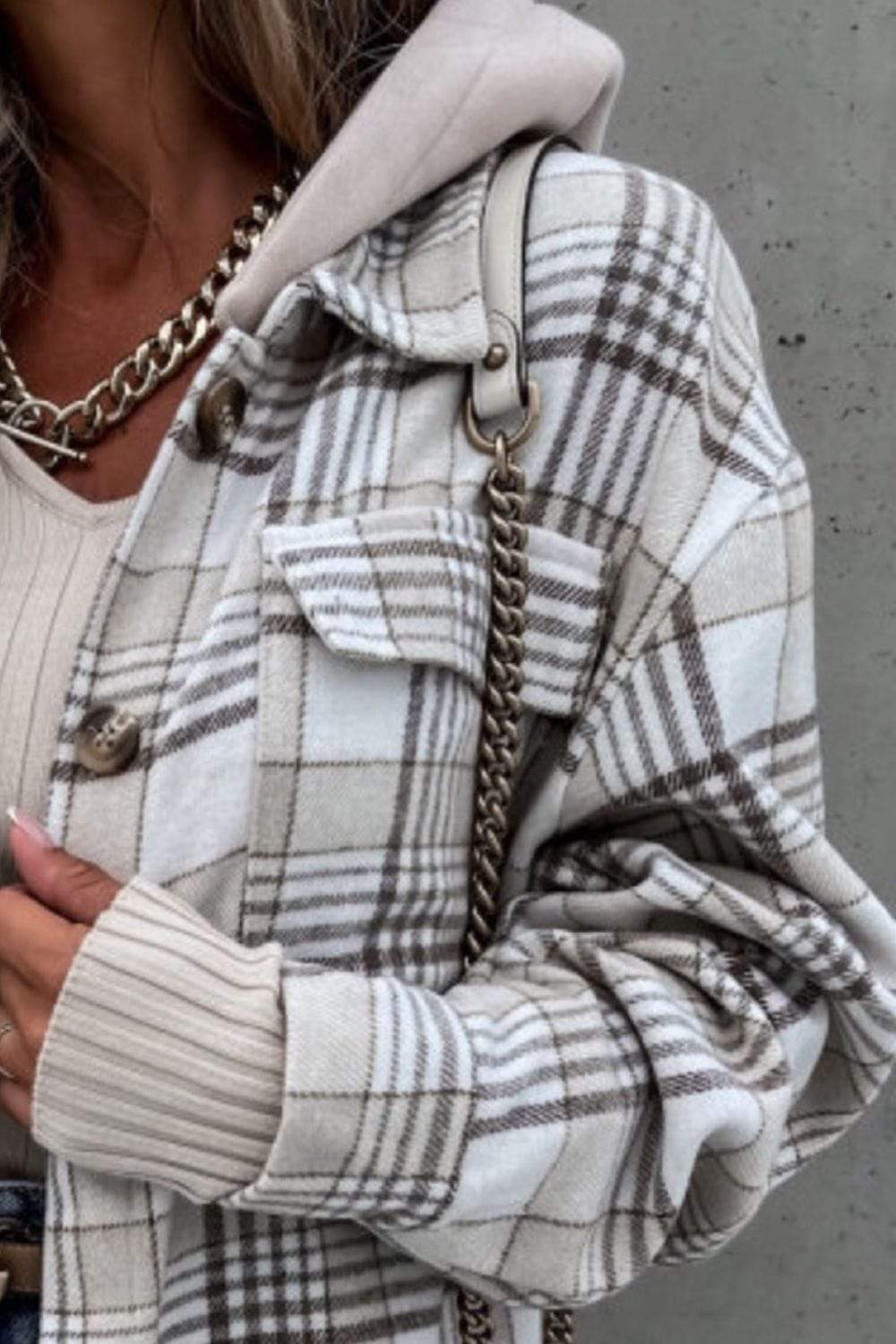 Plaid Button Up Jacket with Removable Hood - Trendsi - Flyclothing LLC