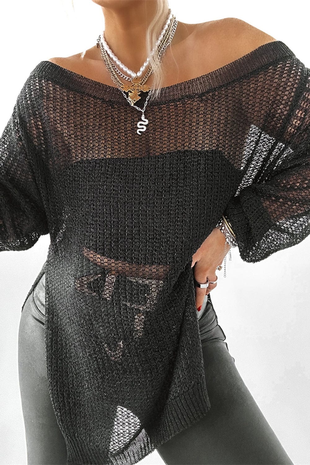 Side Slit Long Sleeve Knit Cover Up - Trendsi