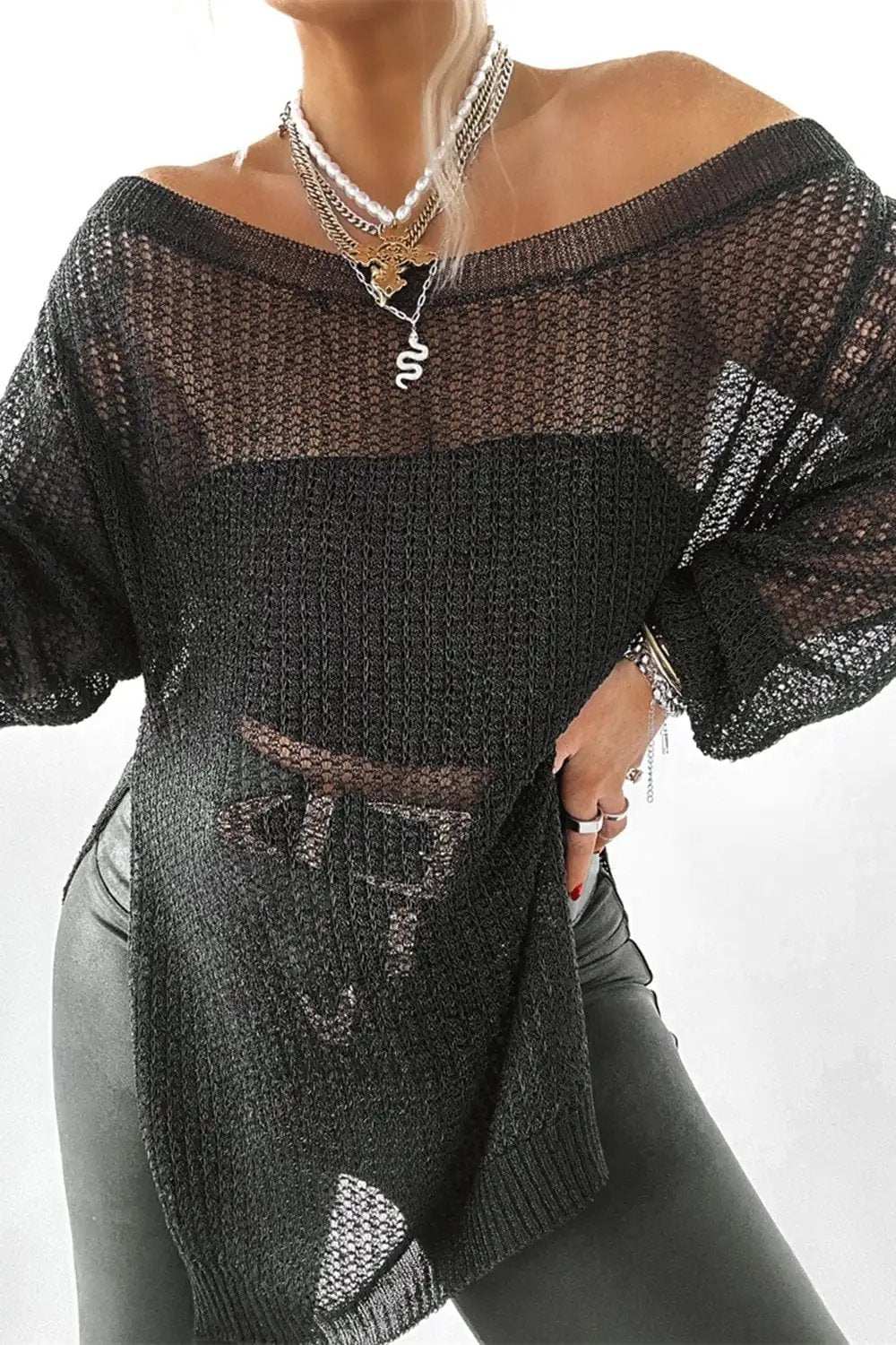 Side Slit Long Sleeve Knit Cover Up - Trendsi - Flyclothing LLC