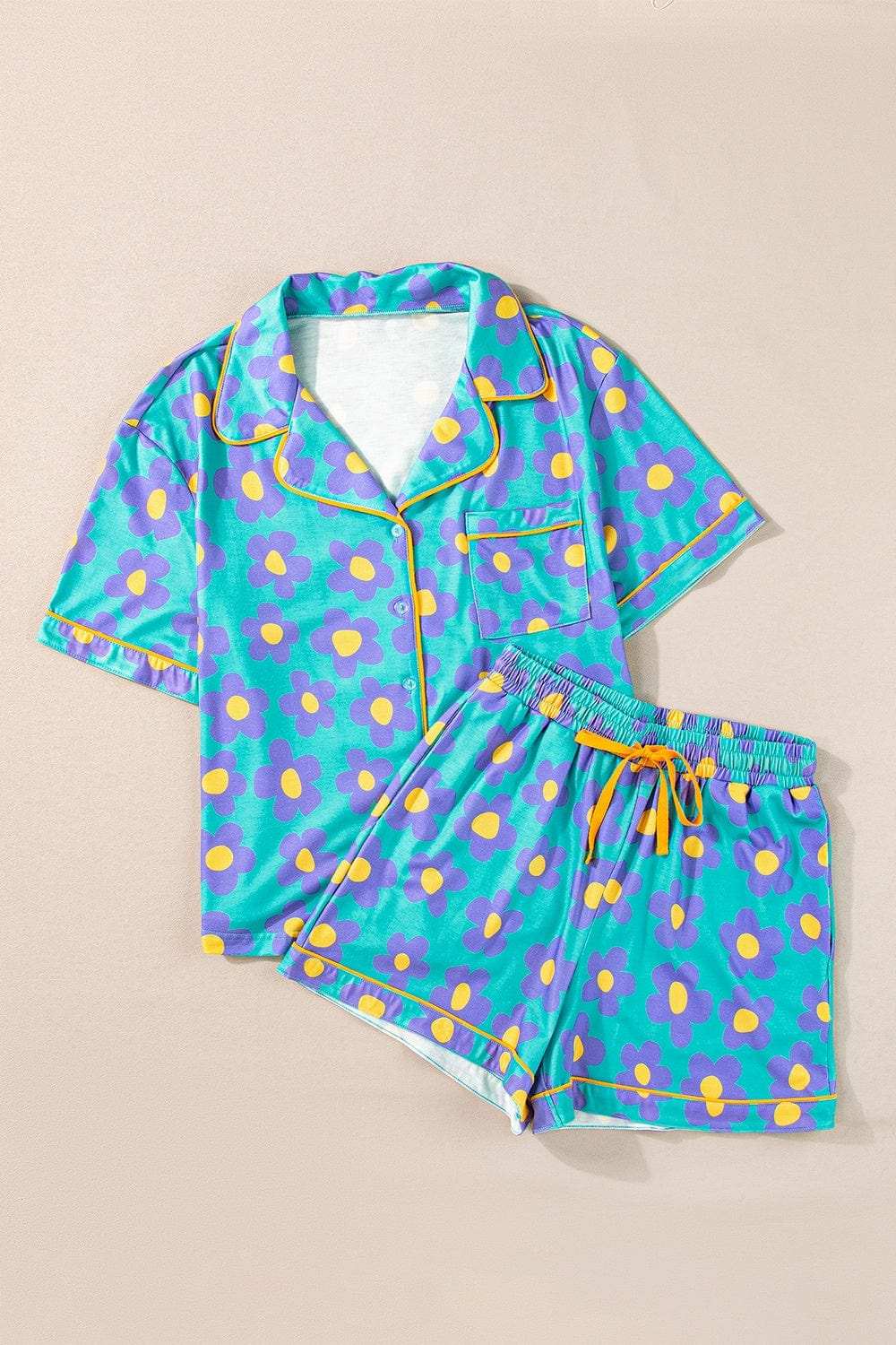 Pocketed Flower Half Sleeve Top and Shorts Lounge Set - Trendsi - Flyclothing LLC