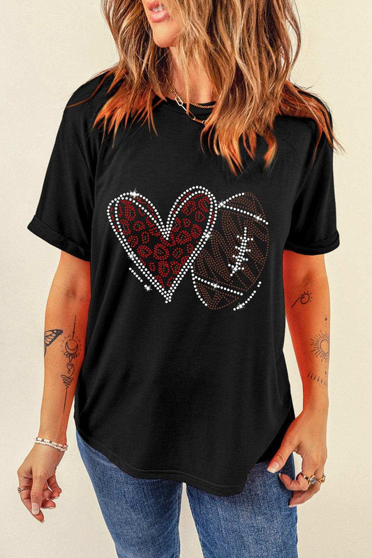 Rhinestone Round Neck Short Sleeve T-Shirt - Trendsi - Flyclothing LLC