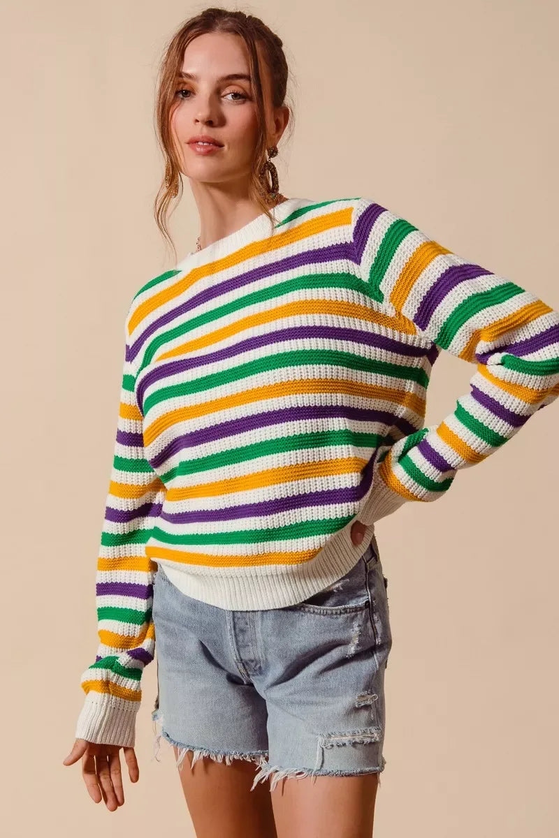 SO ME Mardi Gras Color Stripe Knit Sweater Top - Trendsi - Flyclothing LLC