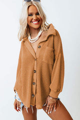 Waffle-Knit Collared Neck Long Sleeve Shirt - Trendsi - Flyclothing LLC