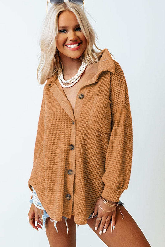 Waffle-Knit Collared Neck Long Sleeve Shirt - Trendsi - Flyclothing LLC