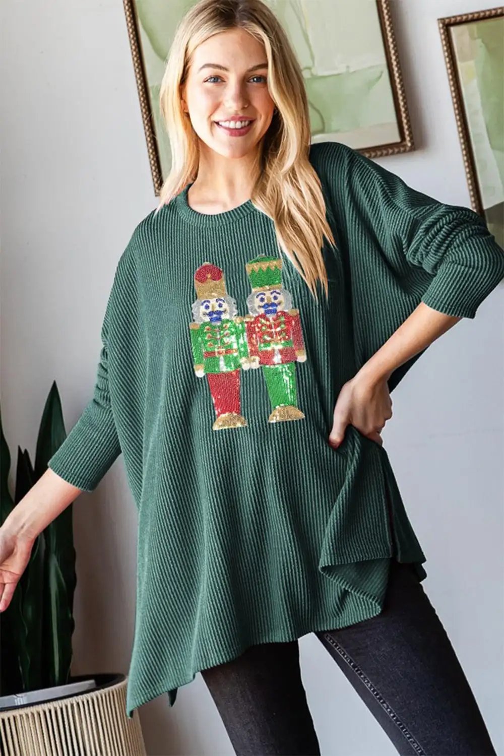 Heimish Sequin Nutcracker Long Sleeve Ribbed Top - Trendsi