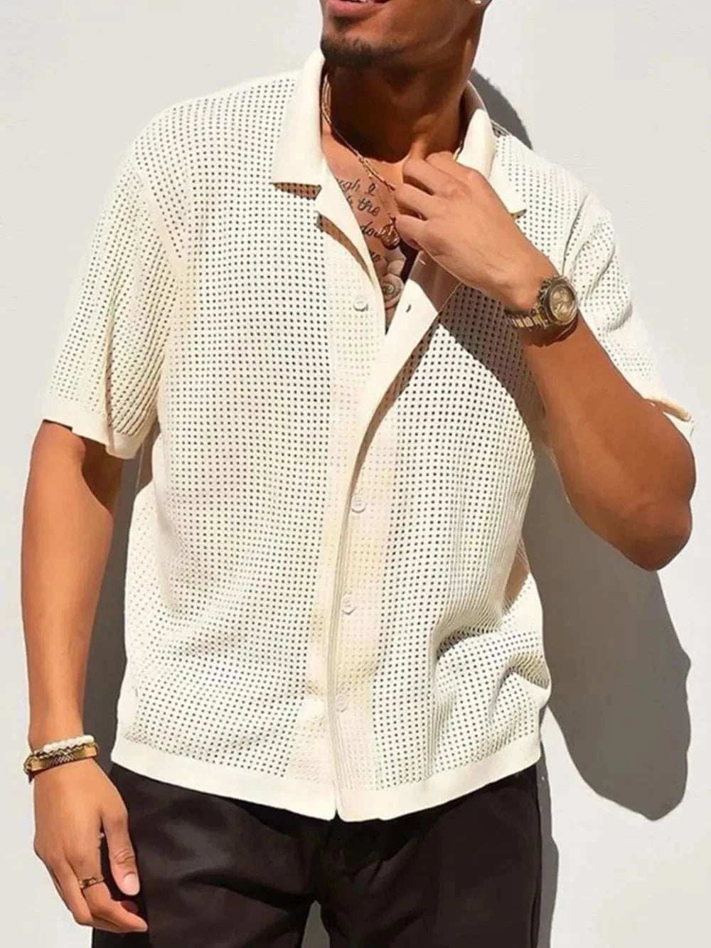 Men's Full Size Openwork Button Down Collared Neck Shirt Plus Size - Trendsi - Flyclothing LLC