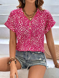 Printed V-Neck Short Sleeve Blouse - Trendsi - Flyclothing LLC
