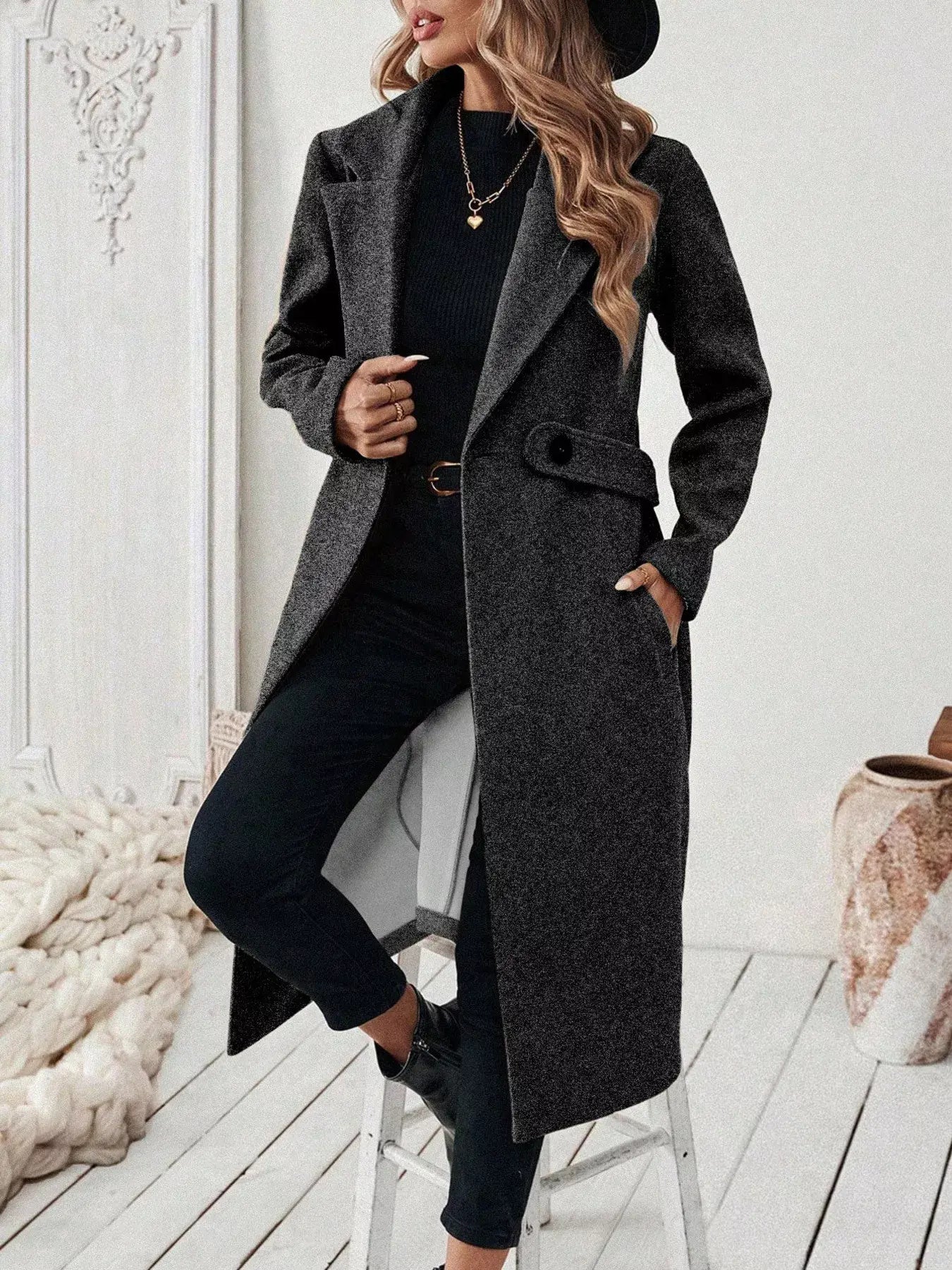 One Button Wool Blend Overcoat - Trendsi - Flyclothing LLC