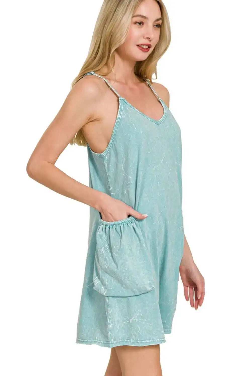 Zenana Acid Crinkle Washed Spaghetti Strap Romper - Trendsi - Flyclothing LLC