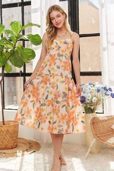 ADORA Smocked Back Floral Adjustable Strap Midi Dress - Trendsi - Flyclothing LLC