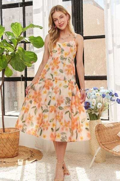 ADORA Smocked Back Floral Adjustable Strap Midi Dress - Trendsi - Flyclothing LLC