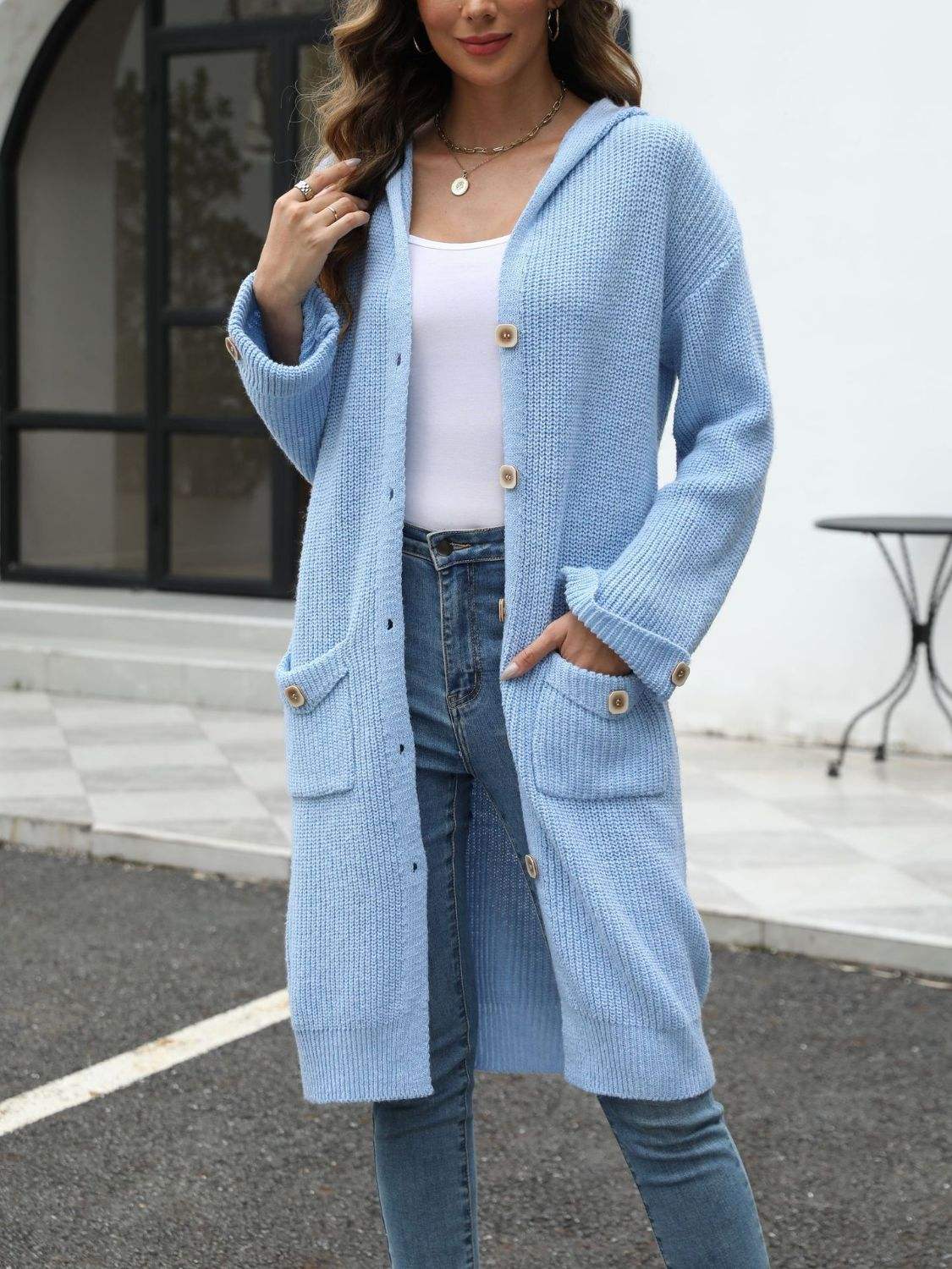 Pocketed Button Up Long Sleeve Hooded Cardigan - Trendsi - Flyclothing LLC