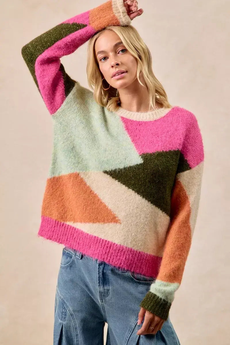 BiBi Multi Color Block Sweater Top - Trendsi - Flyclothing LLC