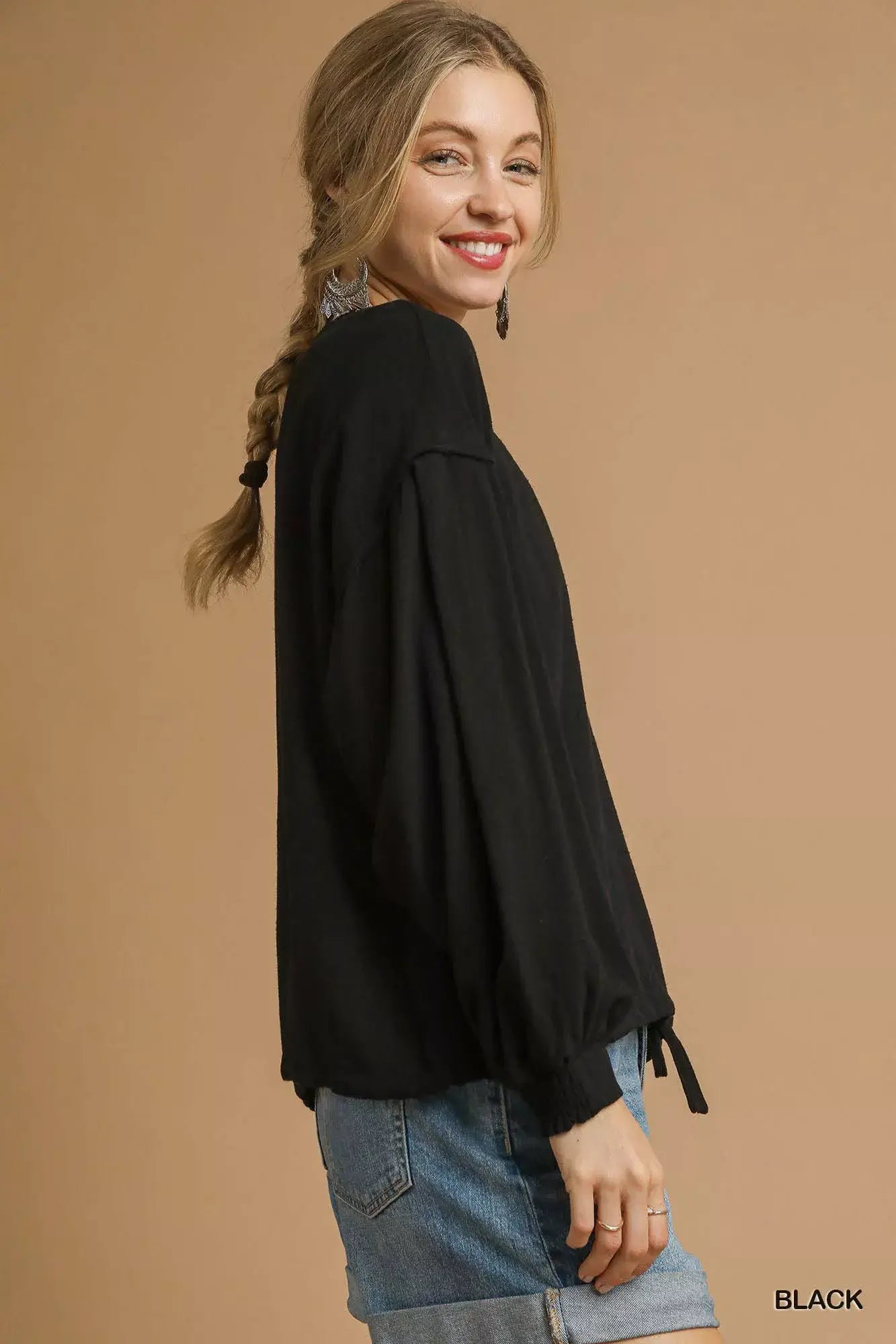 Umgee Full Size Linen Long Sleeve Top with Drawstring Plus Size - Trendsi - Flyclothing LLC